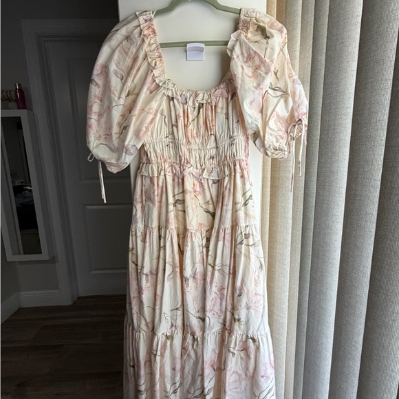 En Saison Cream Floral Smocked Tie-Front Midi Dress with Peach and Olive Accents - Picture 2 of 8